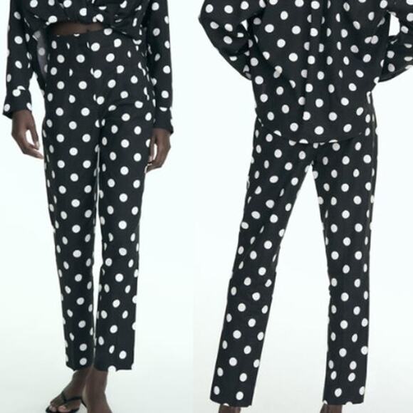 Zara Linen Blend High-Waist Polka Dot Cropped Trousers Black/White Womens Size S - Picture 1 of 5